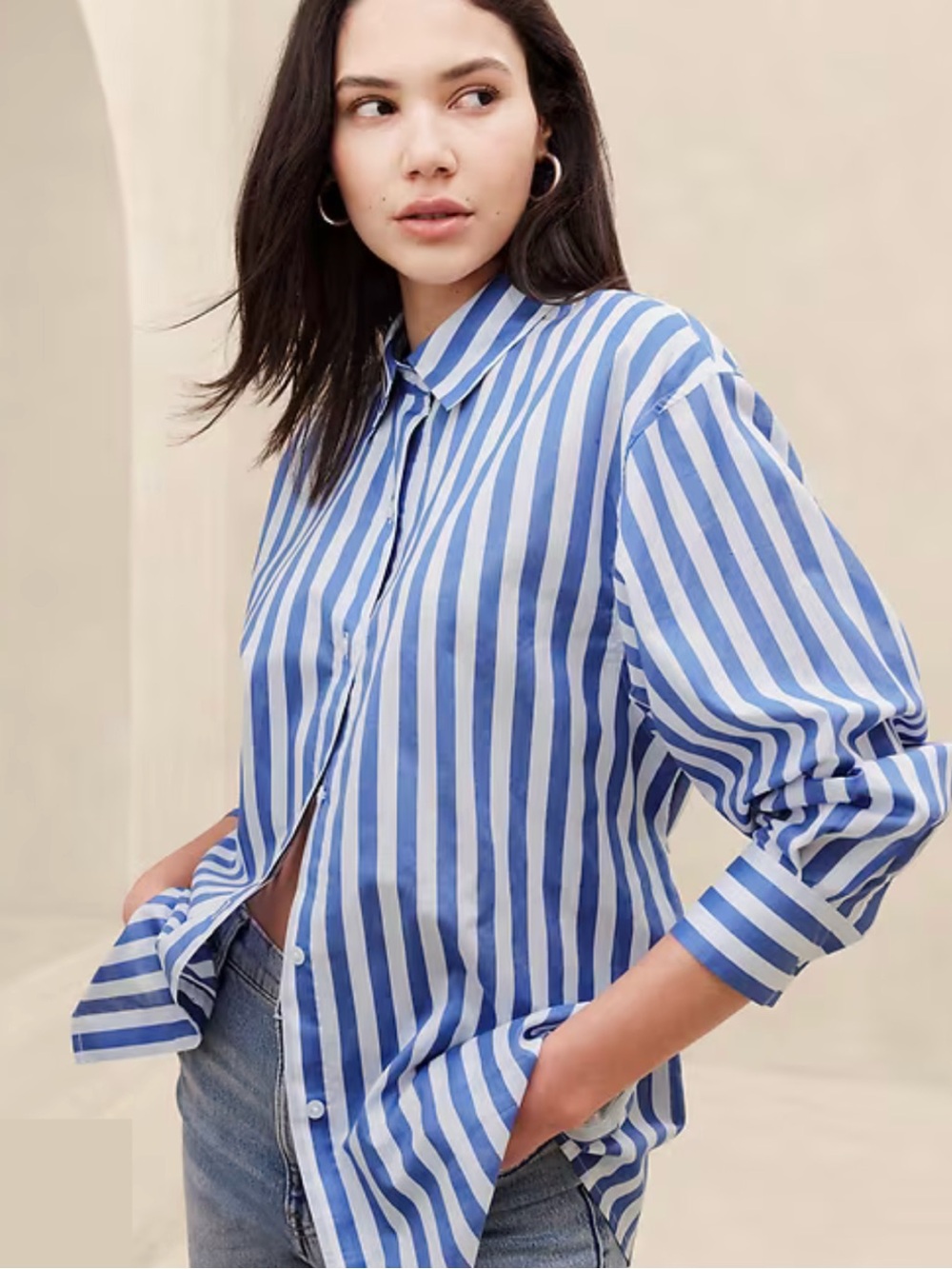 NWT Blue and White Vertical Stripe Crisp CottonButton-Down Shirt